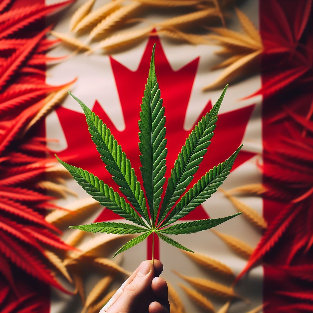 feuille de cannabis sur un drapeau canadien