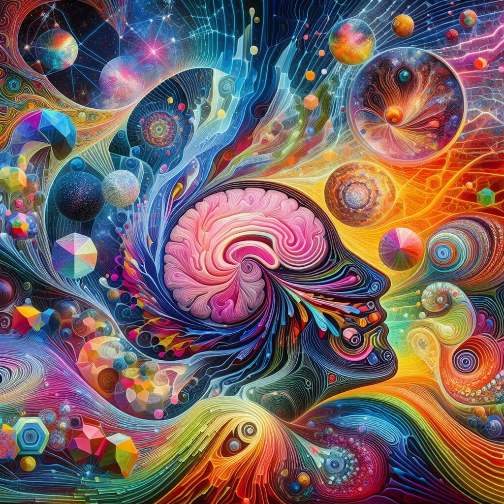 Illustration abstraire colorée évoquant une exploration visuelle des états psychoactifs