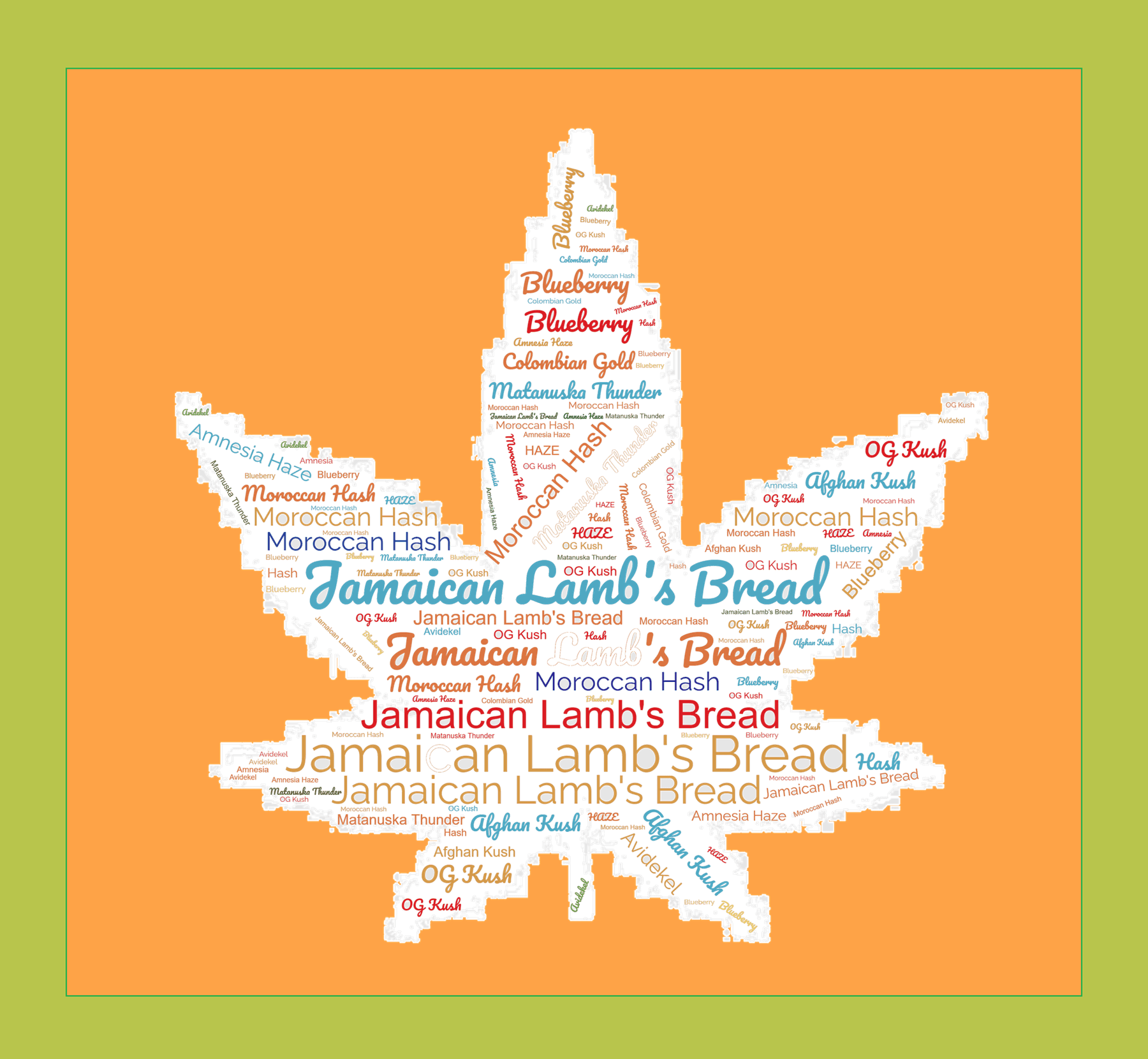 Feuille de cannabis sous forme de calligramme sur un fond mandarine
