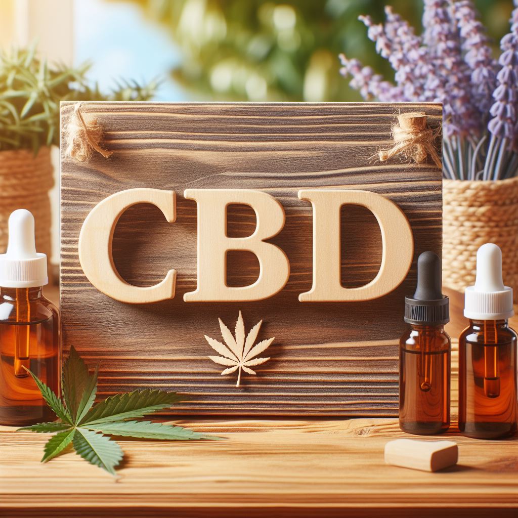 un panneau en bois avec l'inscription CBD entouré de flacons d'huile de CBD et une feuille de cannabis