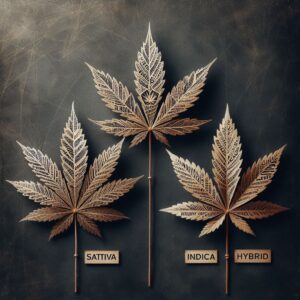 plante de cannabis représentés par les mots ‘sativa’, ‘indica’, et ‘hybride’