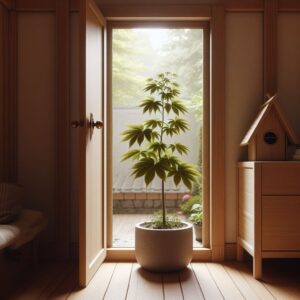 un pot à l'intérieur d'une maison contenant une plante de cannabis