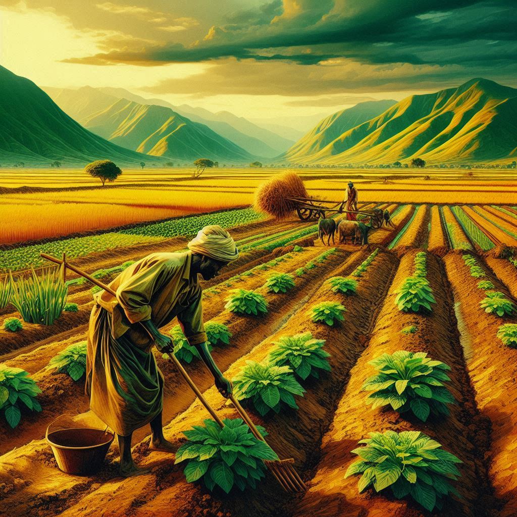 Agriculteur dans son champ en contexte agriculture résiliente