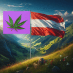Drapeau Autriche avec une feuille de cannabis en Haut de montagne