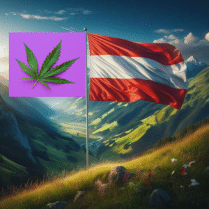 Drapeau Autriche avec une feuille de cannabis en Haut de montagne